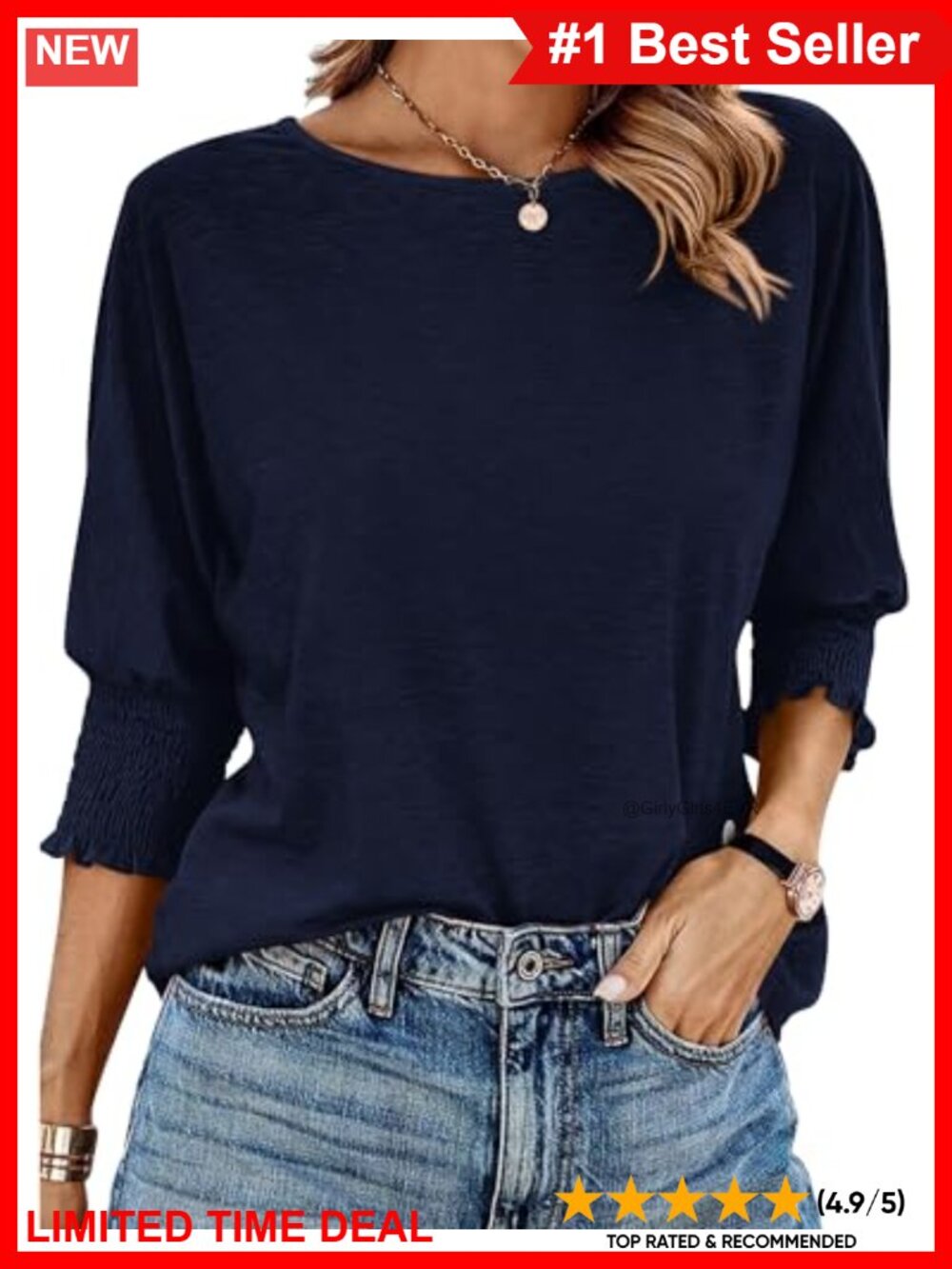 Women's Smocked 3/4 Sleeve Tunic Top Loose Fit Crew Neck Casual